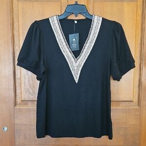 Black V-Neck Top with Lace Detail